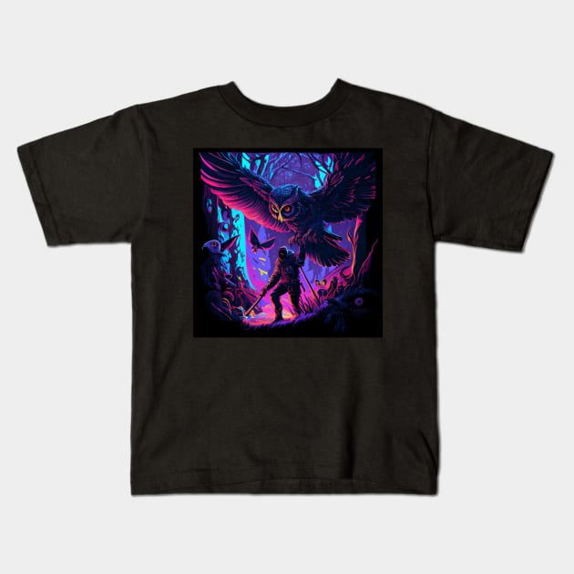 Psychedelic giant owl taking its owner to fly away Kids T-Shirt by Newtaste-Store